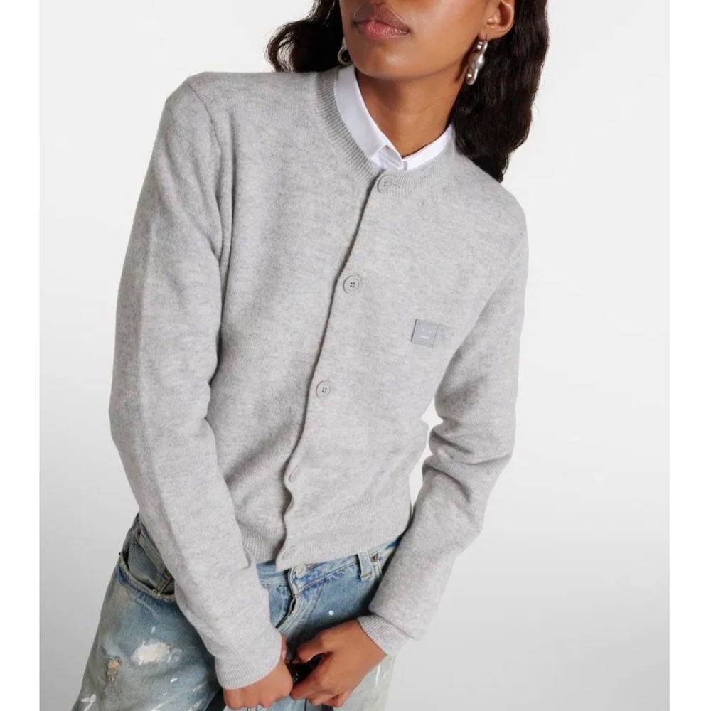 Acne Studios Face Crewneck Cardigan Sweater Gray S 100% Wool Minimalist Designer
